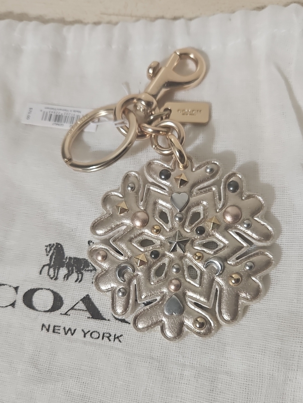 Coach NWT Snowflake Leather Key Charm with Metallic Accents